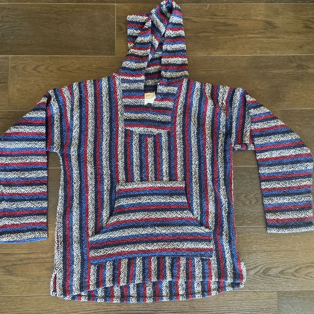 Baja Hoodie Pullover Sweatshirt L Adult Blue Grey Red Franks Textiles Boho